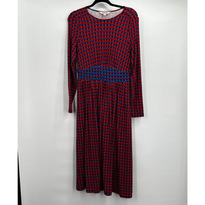 Boden Dress Womens 6 Red Blue Geometric Thea Print Long Sleeve Midi Stretch